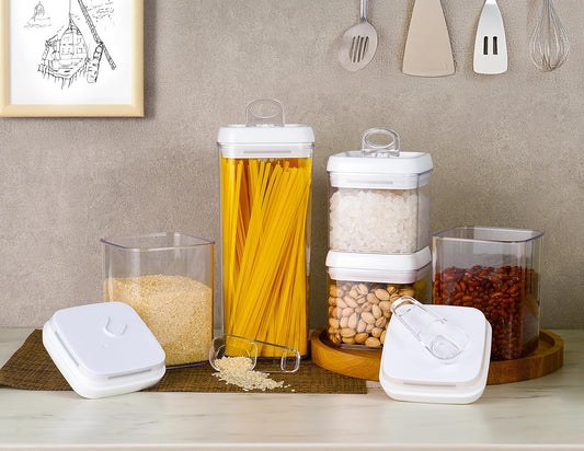 Felli Flip Tite Food Storage Container 5" LARGE 5pk Set + No Residue Label, Airtight Lid Easy Lock Top Stackable, Plastic Canister Jar for Pantry Kitchen Fridge Organizer Pasta Protein Powder Spice