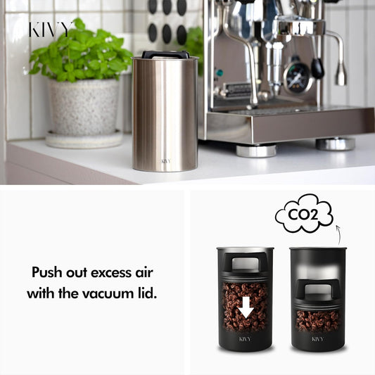 KIVY Vacuum Coffee Canister - Push Lid Preserves Coffee Aroma & Oil - Stainless Steel Airtight Coffee Canister - Removes Excess Air