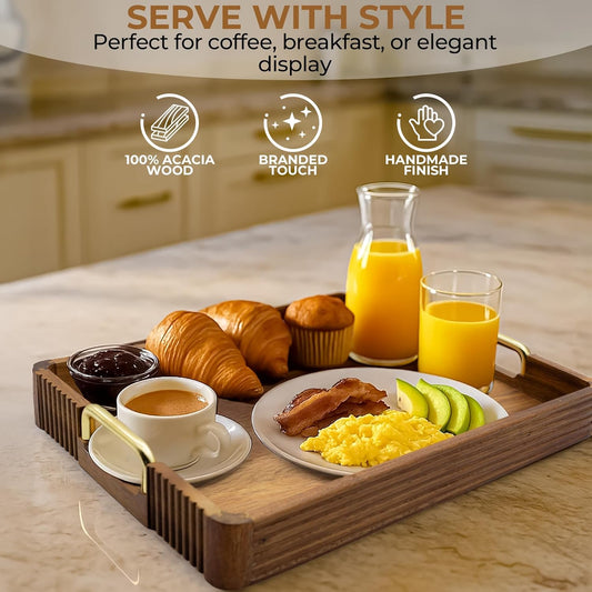 Acacia Wood Serving Tray with Metal Handles – 17x12in Rustic Decorative Ottoman & Coffee Table Tray for Breakfast in Bed, Dinner, Bar, Kitchen, Home Décor & Entertaining