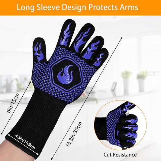 BBQ Fireproof Gloves, Grill Cut-Resistant Gloves 1472°F Heat Resistant Gloves, Non-Slip Silicone Oven Gloves, Kitchen Safe Cooking Gloves for Oven Mitts,Barbecue,Cooking, Frying, Blue(2 Pairs)