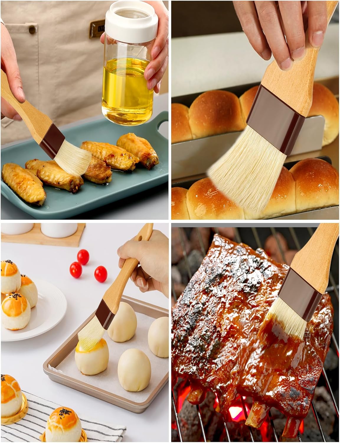 Pastry brush,Basting brush for Cooking,Natural Bristle BBQ Brush for Oil & Sauce,Wooden Handle Food Brush for Baking,Easy Clean Butter Brush,Durable Kitchen Culinary Utensil (1", 1 1/2 Inch,3 Pack)