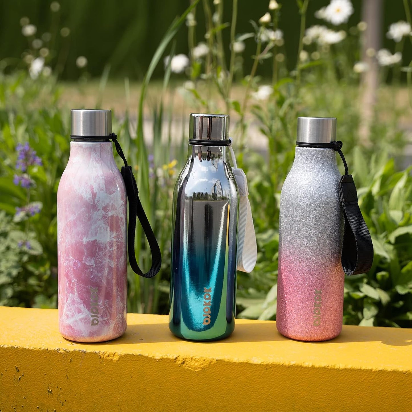 BJPKPK Insulated Water Bottles, 18 oz Stainless Steel Metal Water Bottle with Strap, BPA Free Leak Proof Thermos, Mugs, Flasks, Reusable Water Bottle for Sports & Travel, Marble-Amber
