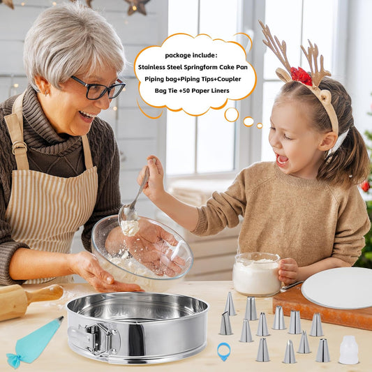 Aufind Springform Pan Set for Baking (9,10inches), 304 Stainless Steel Springform Cake Pan with Removable Bottom, Cheesecake Pan with 50PCS Parchment Paper for Pie Cake Pizza and Quiches