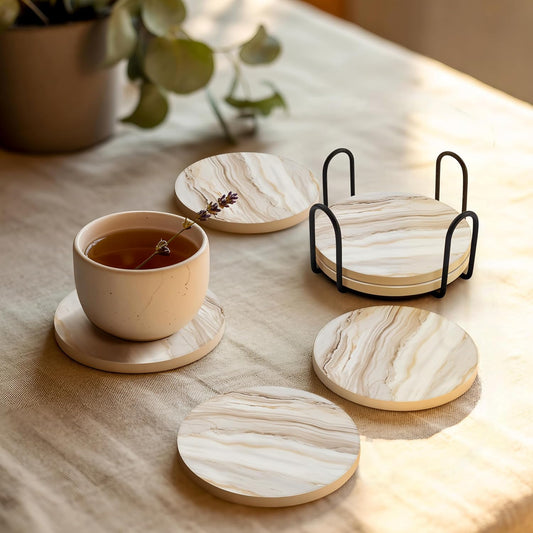 VEYRO Coasters Set of 6 for Drinks – Absorbent Ceramic Stone Drink Coasters with Cork Backing for Coffee Table & Desk, Modern Marble Look Cup Coaster Set, Housewarming Gift for New Home