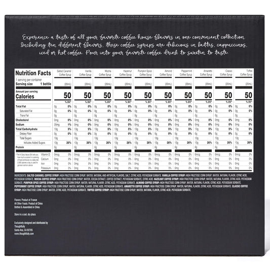 Thoughtfully Gourmet, Coffee Syrup Sampler Gift Set, Syrup Flavors Include Salted Caramel, Vanilla, Mocha, Hazelnut, Pumpkin Spice, & More, Set of 10