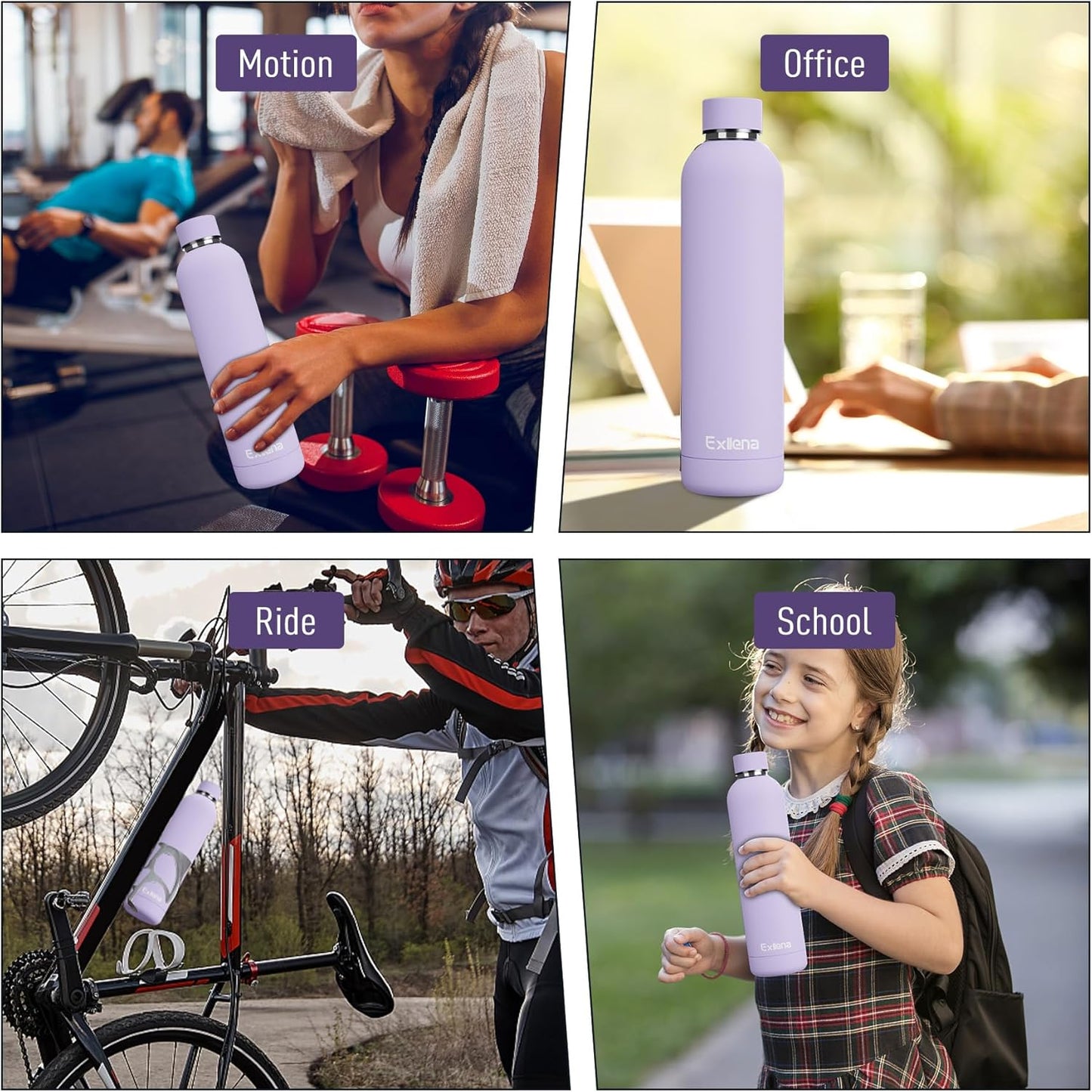 Slim Insulated Water Bottles for Travel 32oz with Clip, Double Wall Vacuum Stainless Steel Water Bottle Keeps Drinks Cold 24 Hrs/Hot 12 Hrs, 100% Leakproof, BPA Free(Purple)