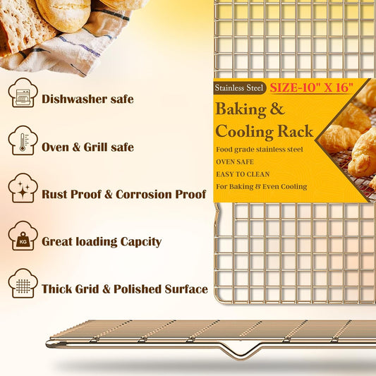2PCS Cooling Racks for Cooking and Baking - 10" x 16"Heavy Duty Stainless Steel Wire Rack for Baking, Grilling, Roasting - Oven & Dishwasher Safe - Fits Half Sheet Pan(Gold)