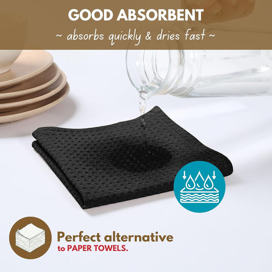 Native Fab Cotton Kitchen Towel with Hanging Loop 16x26 inches, 12-Pack, Waffle Weave Kitchen Towels for Cleaning Drying, Washcloths Soft & Absorbent Cloth Rags, Bar Towel, Dish Cloth, Black