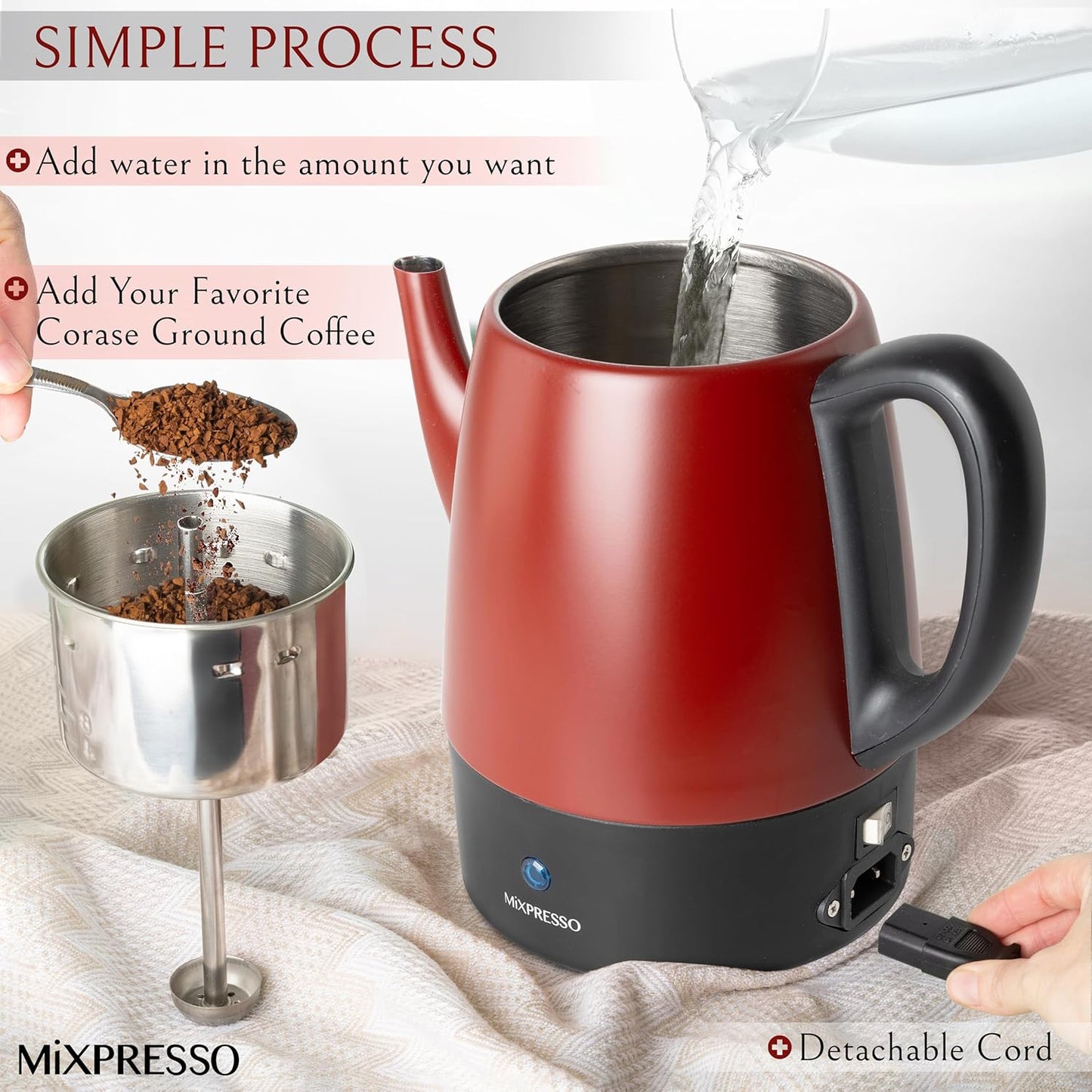 Mixpresso Red Small Percolator Coffee Pot Electric 4 Cup, Stainless Steel Coffee Maker, Coffee Percolator Electric With Keep Warm Function, 4 Cups Stainless Steel Perculator With Basket