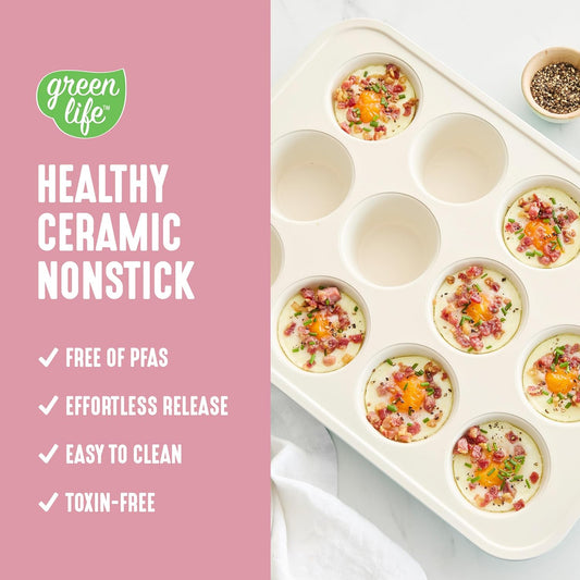 GreenLife 12-Cup Muffin Pan, Healthy Ceramic Nonstick Bakeware, PFOA & PFAS-Free Cupcake Sheet, Durable, Versatile Kitchen Essentials, Easy Clean Muffin Mold, Pink