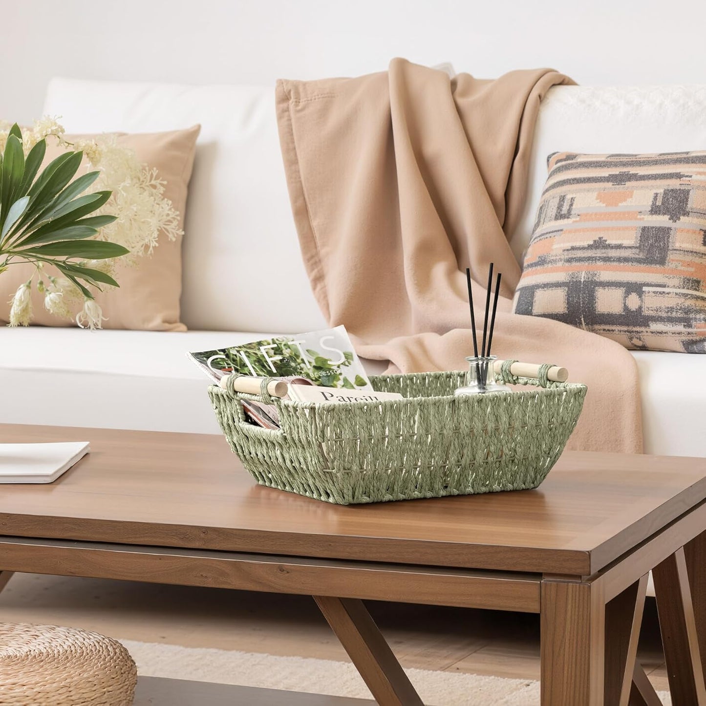 StorageWorks Large Wicker Storage Basket for Organizing with Wooden Handles, Toilet Paper Baskets for Bathroom, Bosana Green, 2-Pack