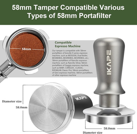 IKAPE 58.5mm Espresso Tamper, Premium Barista Coffee Tamper with Calibrated Spring Loaded, 100% Stainless Steel Base Tamper Compatible with Espresso Machine Rancilio, Gaggia Bottomless Portafilter
