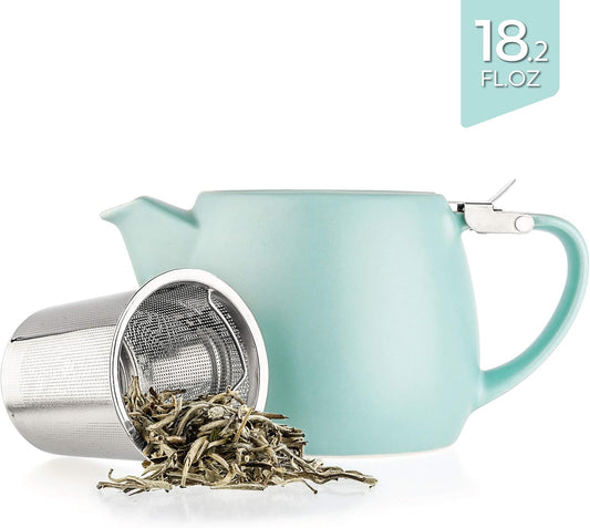 Tealyra - Pluto Porcelain Small Teapot Turquoise - 18.2-ounce (1-2 cups) - Matte Finish - Stainless Steel Lid and Extra-Fine Infuser To Brew Loose Leaf Tea - 540ml