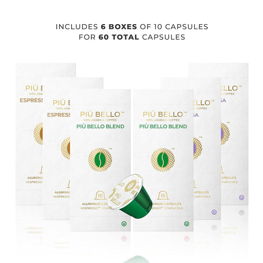 Piu Bello Espresso Coffee Pods for Nespresso Original Machines – Variety Pack – 3 Light Flavors: Chocolate, Nuts, Sweet Caramel – Rich & Balanced Taste, Kosher (3-Flavor Multipack, 60 Count)