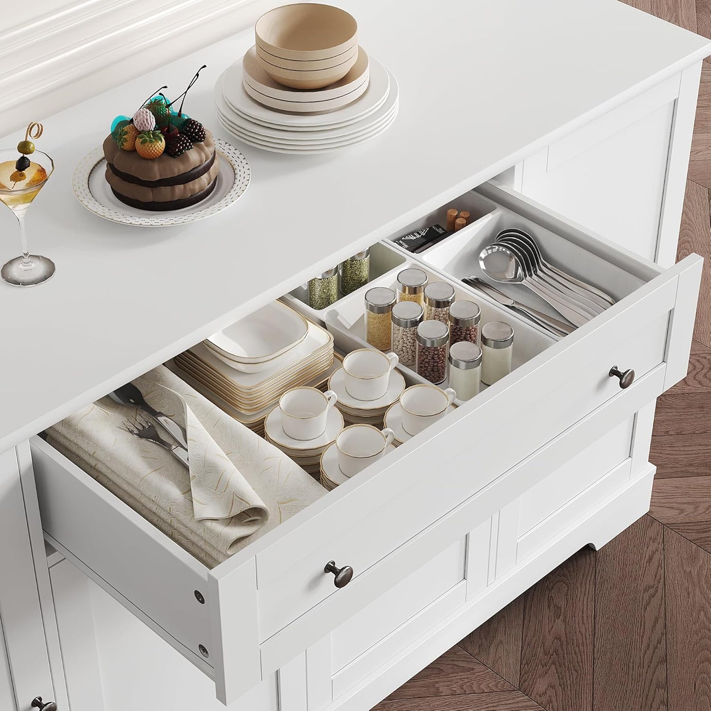 HITHOS 54" Buffet Cabinet with Storage, Modern Kitchen Buffet Sideboard with Drawer, Wood Coffee Bar Station with Adjustable Shelves, Kitchen Storage Cabinet for Living Room, White