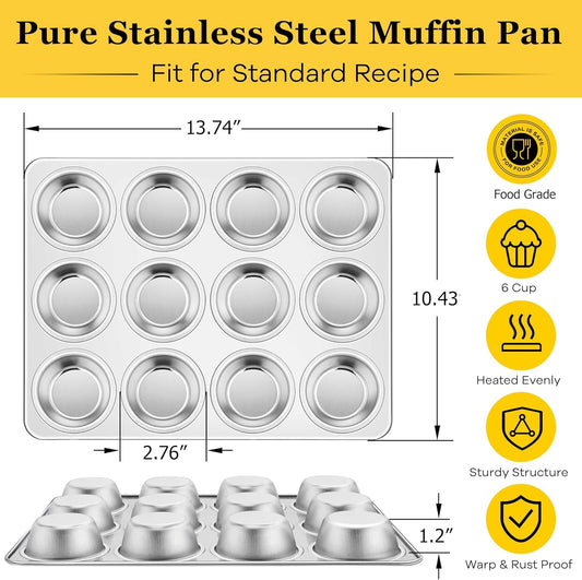 Homikit 3 Pack Muffin Pan, Stainless Steel Cupcake Tin with 12 Cups Regular Size, 13.8" x 10.4" Nonstick Metal Egg Bites Tray for Oven Baking, Non Toxic & Rust Free, Easy Release & Dishwasher Safe