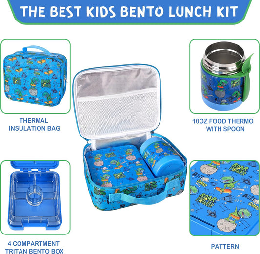 Bento Lunch Box Set With 10oz Soup Thermo, Leak-proof Lunch Containers with 4 Compartment, Kids Hot Thermo Food Jar/Insulation Lunch Bag, Food Containers for School(Dinosaur)