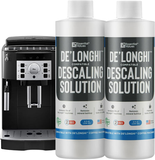 Essential Values Descaling Solution Compatible with De Longhi - Coffee Descaler - Coffee Maker Cleaner - Kettle, Espresso Machine Cleaning - 12 Month Supply 2-Pack
