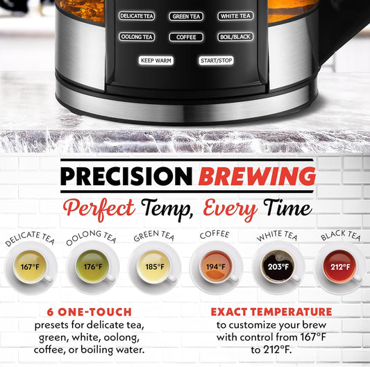 Gourmia Electric Programmable Glass Kettle – 1.7L Temperature Control Tea & Coffee Kettle with Digital Touch Display, 6 Presets, Keep Warm, Removable Stainless Steel Infuser, 360° Swivel Base – White