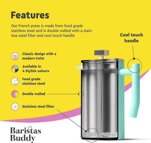 French Press Coffee Maker - Insulated, Stainless Steel Manual Coffee Makers For Home, Office Or Camping - Large 34oz Capacity For 4 Cups