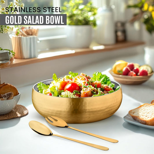 AvadorĀ® Set of 3 Premium Stainless Steel Salad Mixing Bowl Hammered Finish | Handmade | Includes Salad Serving Utensils (Gold Plated)