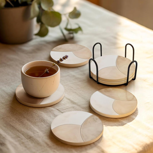 VEYRO Coasters Set of 4 for Drinks – Absorbent Ceramic Stone Drink Coasters with Cork Backing for Coffee Table & Desk, Modern Marble Look Cup Coaster Set, Housewarming Gift for New Home