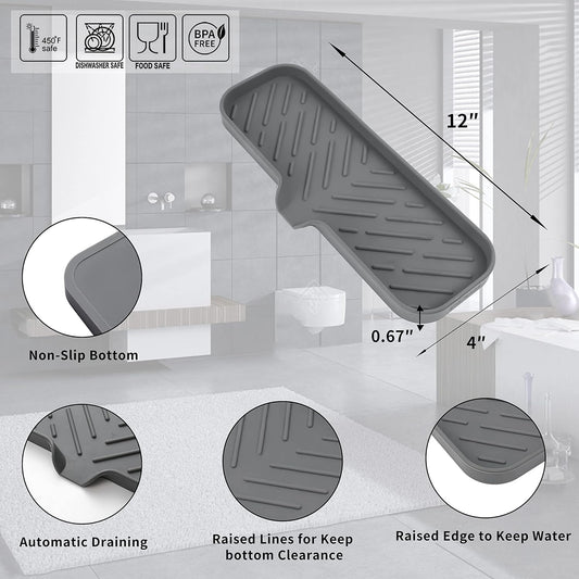 Silicone Bathroom Soap Dishes with Drain Spout-Bathroom and Kitchen Sink Organizer,Sponge Holder,Dish Soap Tray,Perfect for Dispenser,Scrubber,Bottle,Cup on Sink or Counter-Grey 12"×4"