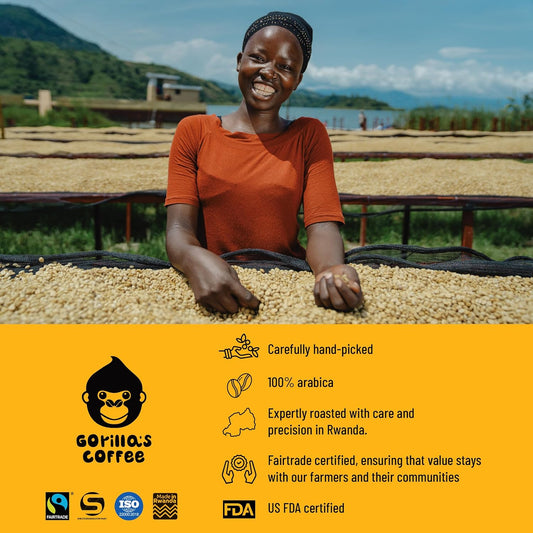 Gorilla's Coffee 100% Arabica - Medium Roast Ground Coffee, Fair Trade, Smooth, Balanced, Aromatic, Spice & Luscious Fruit Notes | Premium Rwandan Coffee | Rich, Flavorful, and Aromatic (500g/17.6oz)