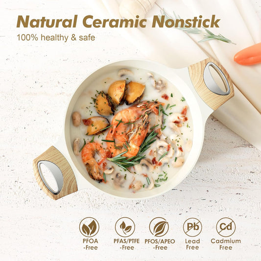 SENSARTE Ceramic Nonstick Stock Pot with Lid, 2.6/4.5/6.6 QT Soup Pot Casserole Pot, Non-toxic Healthy Pasta Pot, Large Cooking Pot Stew Pot, Induction Compatible, PFOA PFAS PTFE Free, White