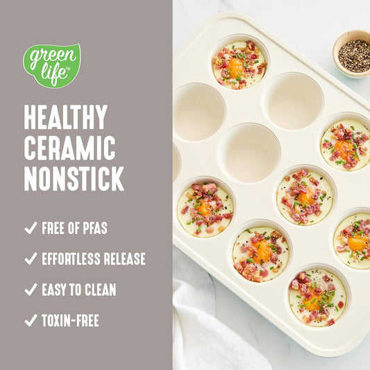GreenLife 12-Cup Muffin Pan, Healthy Ceramic Nonstick Bakeware, PFOA & PFAS-Free Cupcake Tray, Durable Baking Pan, Versatile Kitchen Essential, Easy Clean Muffin Mold, Nonstick Baking Sheet, Taupe