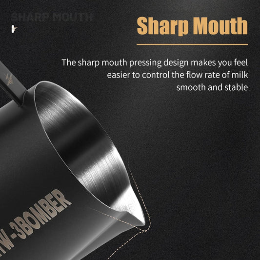 MHW-3BOMBER Milk Frothing Pitcher, 16oz/450ml Milk Frother Cup for Barista, SUS304 Stainless Steel Espresso Steaming Pitchers for Milk/Coffee/Latte Art, Matte Black, P3025B-OS