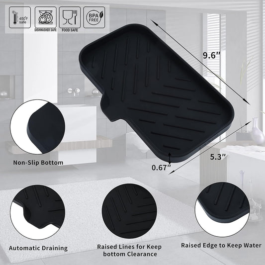 Silicone Bathroom Soap Dishes with Drain Spout-Bathroom and Kitchen Sink Organizer,Sponge Holder,Dish Soap Tray,Perfect for Dispenser,Scrubber,Bottle,Cup on Sink or Counter-Black 9.6"×5.3"