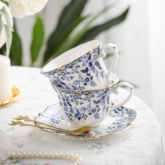 TATSUMI Country Roses Bone China Tea Cup and Saucer Set, 6 Pieces, Vintage Style, For Women and Tea Parties(QH, 2 SETS)