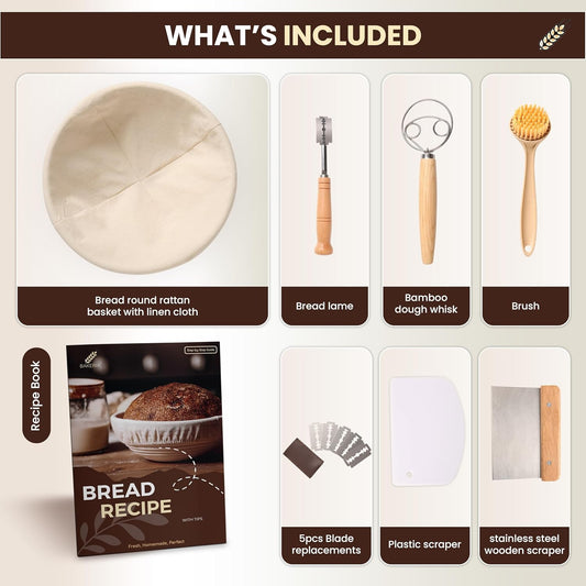 BAKERIA 9" Banneton Proofing Basket Kit (Round) – Sourdough Bread Making Set with Danish Whisk, Bread Lame + 5 Blades, 2 Scrapers, Brush, Linen Liner & Recipe Book – No Starter Culture