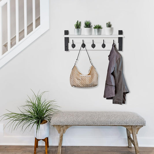 Sorbus Coat Hooks Wall Mount with Shelf – 24 Inch Coat Rack Wall Mount with 5 Heavy Duty Hooks – Floating Wall Shelf with Hooks for Entryway, Bathroom, Bedroom, Kitchen, or Mudroom (White)