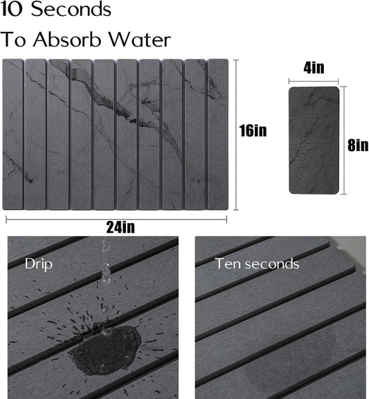 2 PCS Large Stone Dish Drying Mat for Kitchen Counter, , Marbled Water Absorbing Diatomaceous Earth Drying Pad for Countertop Bottles Utensils Cups 24"x16"& 8"x4"