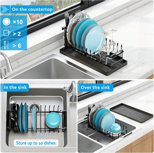 ANTOPY Sink Dish Drying Rack - Expandable Small Dish Rack Over Sinks with Silicone Drying Tray, Dish Drainer for Kitchen Counter with Cutlery Holder, Drying Rack Fit for 14โโ-19โโ Kitchen Sink