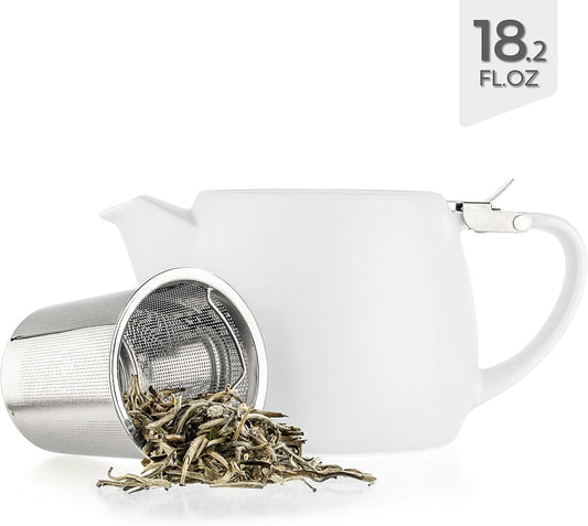 Tealyra - Pluto Porcelain Small Teapot White - 18.2-ounce (1-2 cups) - Matte Finish - Stainless Steel Lid and Extra-Fine Infuser To Brew Loose Leaf Tea - 540ml
