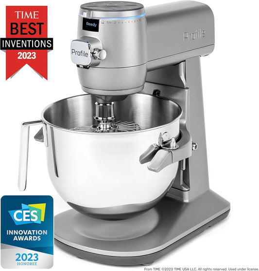 GE Profile Smart Stand Mixer w/Built-In Smart Scale & Auto Sense Technology, 7qt Stainless Steel Bowl, 11 Speed l Dough Hook, Beater, 11-wire whip l works w/Amazon Alexa & Google Home l Mineral Silver