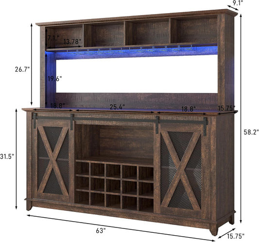 63"Wide 58"H Farmhouse Coffee Bar Cabinet with LED Light,Wine Bar Cabinet w/ 4 Storage Hutch,Kitchen Buffet Cabinet w/Sliding Barn Door & 15 Wine and Glass Racks for Kitchen Dining Room(Brown)