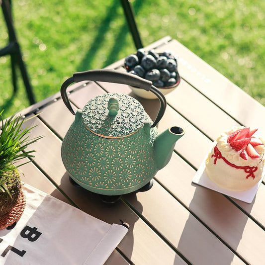Cast Iron Teapot, 32oz Tea Kettle with Infuser for Stove Top, Sakura Blossom Pattern Japanese Tea Pot for Tea & Coffee Coated with Enameled Interior, Silicone Handle 950ml Green