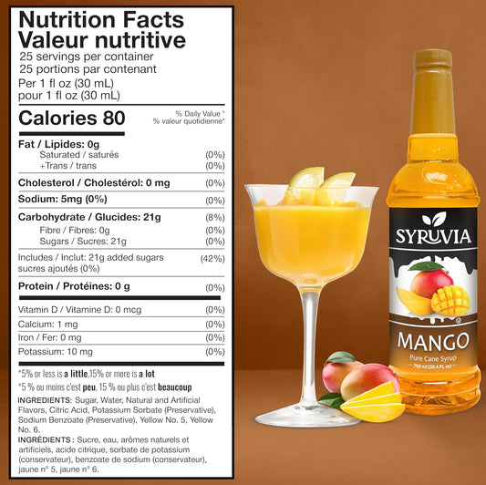 Syruvia Mango Syrup - Premium Flavoring Syrup for Tea, Italian Sodas, Beverages, Desserts, Ice Cream, Cocktails & Mocktails - Kosher, Gluten Free - 25.4 fl oz.