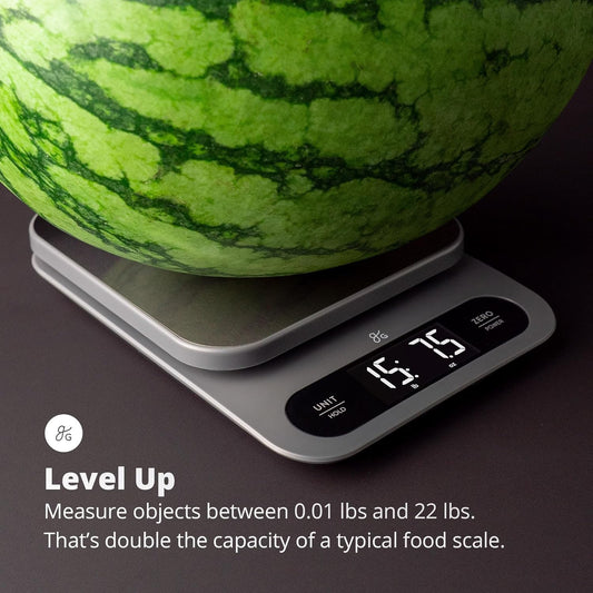 Greater Goods High Capacity Kitchen Scale, 10kg/22lb Capacity Food Scale for Bulk Cooking & Baking, Touch Controls, Hi-Def LCD, Stainless Steel Platform, Precise to 1g