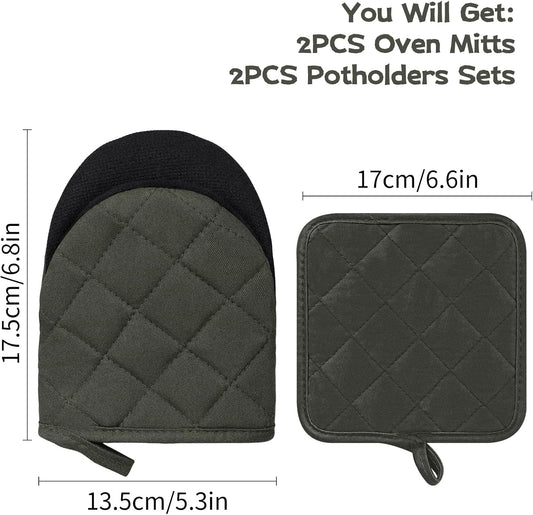 Oven Mitts and Pot Holders Set, Pack of 4, Heat Resistant Silicone Kitchen Mini Oven Mittens for 500 Degrees, Mini Oven Gloves and Hot Pads for Baking Grilling Barbecue Microwave Machine Washable