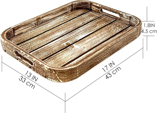 Allgala Wooden Tray 17""x13""x2"" Washed Tan Color Rounded Rectangle Stylish Rustic Farmhouse Decor Serving Platter | Wooden Ottamen Tray | Coffee Table Tray I Bed Tray, Brown
