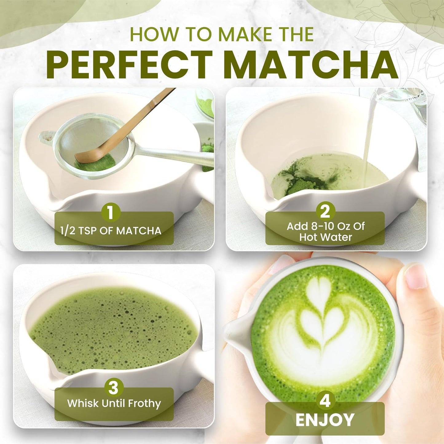 HAPPY PATH & CO Matcha Tea Set โ 6 Pcs Matcha Kit Set Includes Bamboo Whisk(Chasen) & Bowl with Spout, Sifter, Scoop & Holder | White Matcha Whisk Set - Perfect Matcha Tool Set for Matcha Lovers