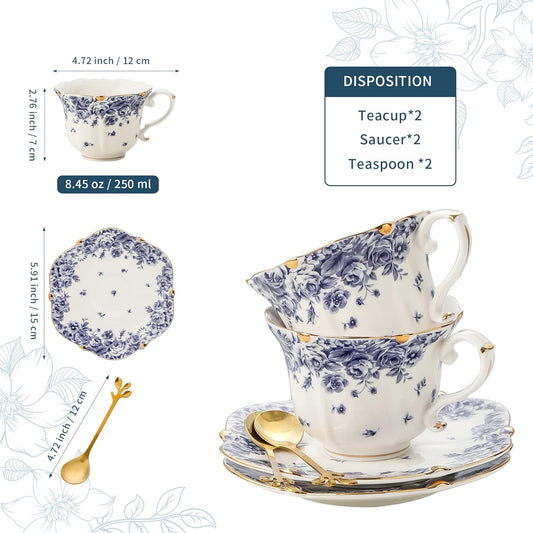 TATSUMI Country Roses Bone China Tea Cup and Saucer Set, 6 Pieces, Vintage Style, For Women and Tea Parties(sky blue,2 sets)