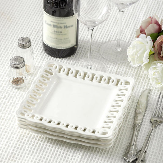 Square Appetizer Plate, Set of 4, 8 inch Ceramic White Dinner Plates with Lace Rim, Small for Cake Snacks Dessert Steak Bread Butter Canape Luncheon Side Dish at Home Hotel and Restaruant, Stackable