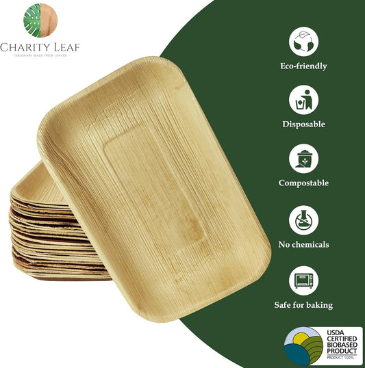 Charity Leaf Palm Leaf Trays 11"x7" (200-Pack) | Eco-Friendly, Biodegradable | for Weddings, Parties & Catering