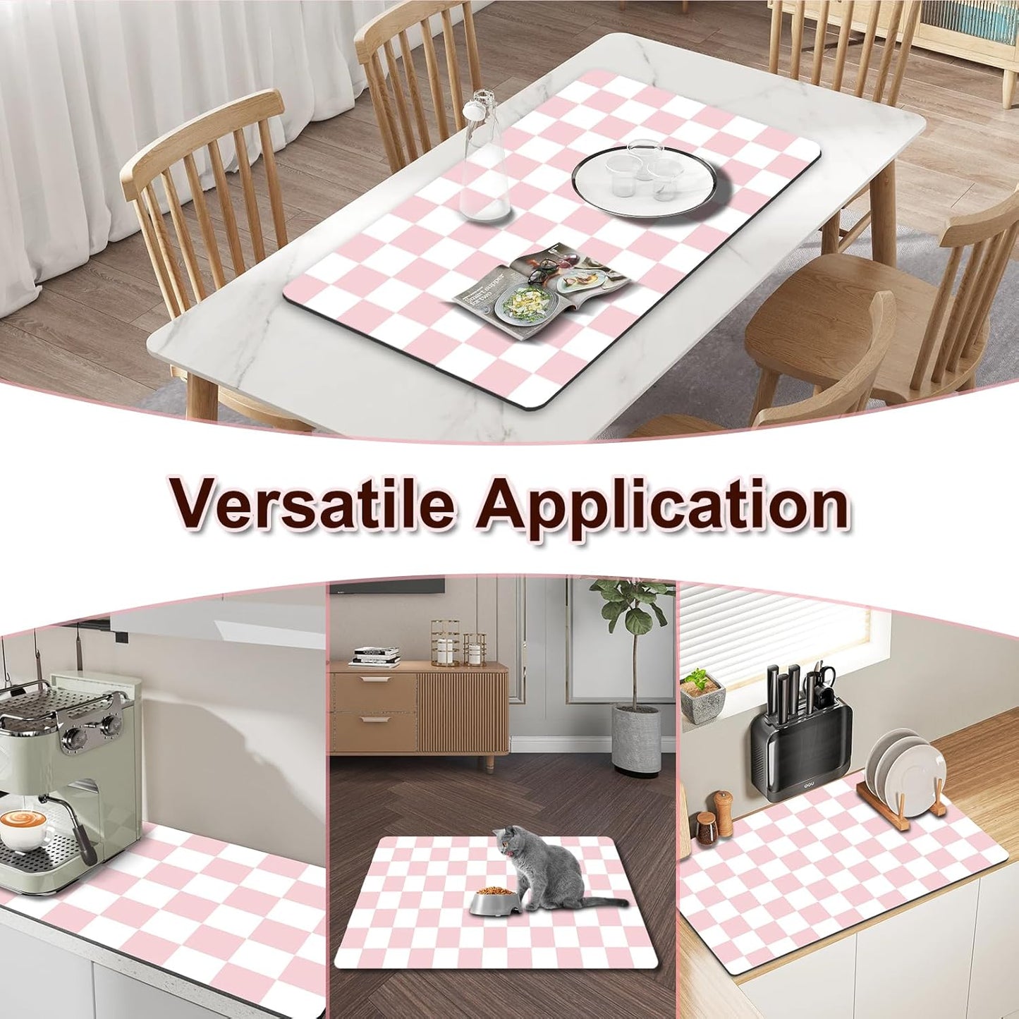 Dish Drying Mat for Kitchen Counter, 16.5’’ X 27.6’’ Checkered Large Coffee Station Mat, Super Absorbent Fit Under Coffee Maker Pad, Espresso Machine Mats, Drainer Mat Easy Clean, Pink & White